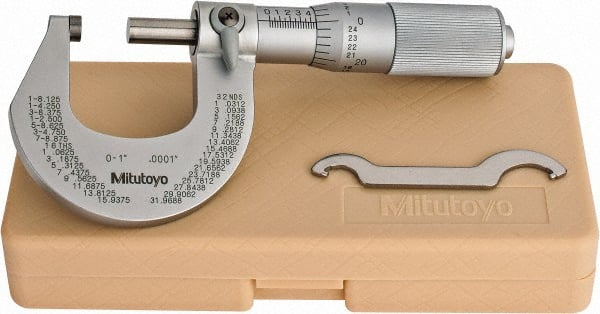 Mitutoyo - 0 to 1" Range, 0.0001" Graduation, Mechanical Outside Micrometer - Friction Thimble, Accurate to 0.0001" - Exact Tooling