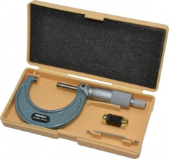 Mitutoyo - 25 to 50mm Range, 0.01mm Graduation, Mechanical Outside Micrometer - Ratchet Stop Thimble, Accurate to 0.0001" - Exact Tooling