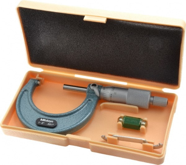 Mitutoyo - 1 to 2" Range, 0.001" Graduation, Mechanical Outside Micrometer - Ratchet Stop Thimble, Accurate to 0.0001" - Exact Tooling