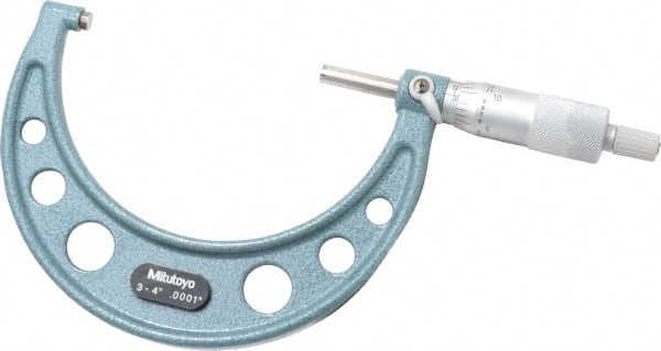 Mitutoyo - 3 to 4" Range, 0.0001" Graduation, Mechanical Outside Micrometer - Ratchet Stop Thimble, Accurate to 0.00015" - Exact Tooling
