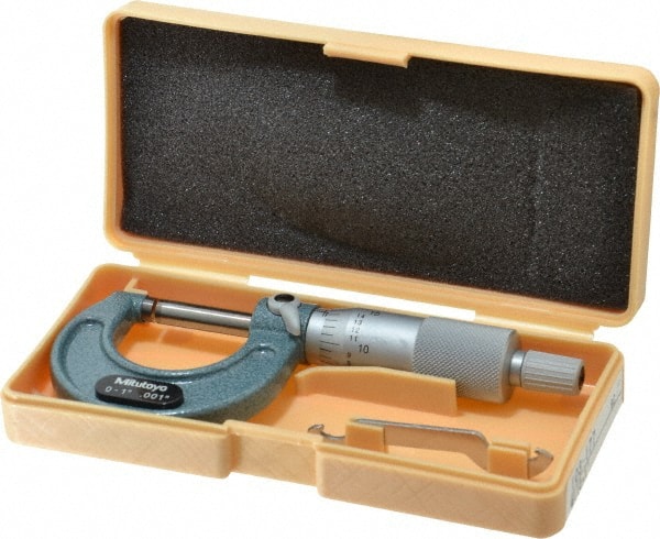 Mitutoyo - 0 to 1" Range, 0.001" Graduation, Mechanical Outside Micrometer - Ratchet Stop Thimble, Accurate to 0.0001" - Exact Tooling
