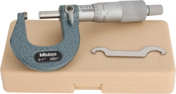 Mitutoyo - 0 to 1" Range, 0.0001" Graduation, Mechanical Outside Micrometer - Ratchet Stop Thimble, Accurate to 0.0001" - Exact Tooling