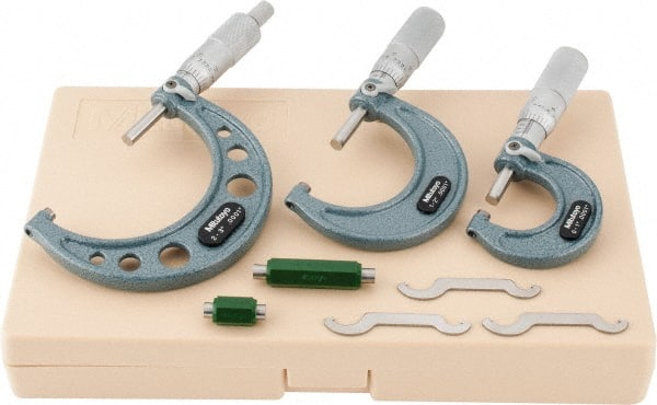Mitutoyo - 0 to 3" Range, 3 Piece Mechanical Outside Micrometer Set - 0.0001" Graduation, 0.0001" Accuracy, Friction Thimble, Carbide Tipped Face - Exact Tooling