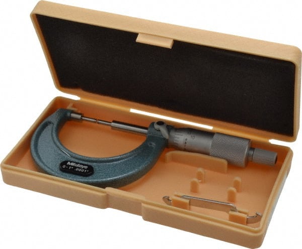 Mitutoyo - 1 Inch, 38mm Throat Depth, Mechanical Spline Micrometer - Accurate Up to 0.00015 Inch, 0.0001 Inch Graduation, 1/4 Inch Spindle Diameter, 18mm Head Diameter, Ratchet Stop Thimble - Exact Tooling