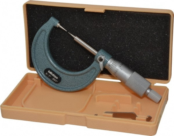 Mitutoyo - 1 Inch, 38mm Throat Depth, Ratchet Stop, Mechanical Point Micrometer - Accurate Up to 0.00015 Inch, 0.001 Inch Graduation, 0.5039 Inch Point Length, 15° Point Angle, 18mm Head Diameter, 6.35mm Spindle Diameter - Exact Tooling