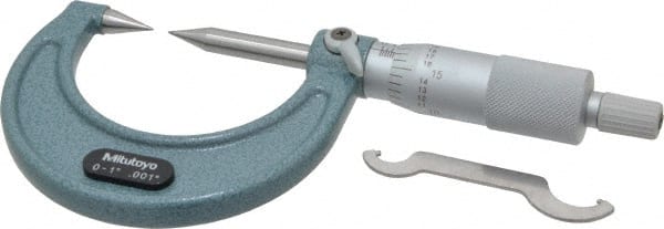 Mitutoyo - 1 Inch, 38mm Throat Depth, Ratchet Stop, Mechanical Point Micrometer - Accurate Up to 0.00015 Inch, 0.001 Inch Graduation, 0.5039 Inch Point Length, 30° Point Angle, 18mm Head Diameter, 6.35mm Spindle Diameter - Exact Tooling