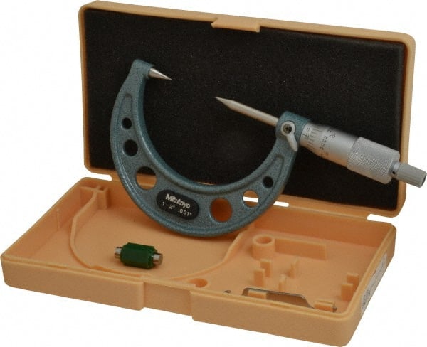 Mitutoyo - 1 to 2 Inch, 49mm Throat Depth, Ratchet Stop, Mechanical Point Micrometer - Accurate Up to 0.00015 Inch, 0.001 Inch Graduation, 0.5039 Inch Point Length, 30° Point Angle, 18mm Head Diameter, 6.35mm Spindle Diameter - Exact Tooling