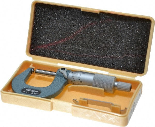 Mitutoyo - 1 Inch Max Measurement, 0.0001 Inch Graduation, Spherical Face Micrometer - Accuracy Up to 0.0002 Inch, Mechanical Operation, Ratchet Stop Thimble, Ball - Exact Tooling