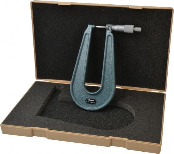 Mitutoyo - 0 to 1" Range, 0.0001" Graduation, Mechanical Outside Micrometer - Ratchet Stop Thimble, 6.3" Throat Depth, Accurate to 0.0002" - Exact Tooling