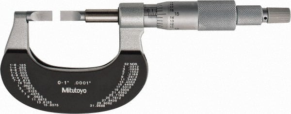 Mitutoyo - 0" to 1" Mechanical Satin Chrome Coated with Thermal Shield Blade Micrometer - 0.0002" Accuracy, 0.0001" Graduation, 0.75mm Blade Thickness, Ratchet Stop Thimble - Exact Tooling