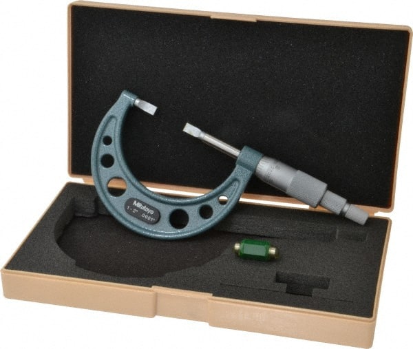 Mitutoyo - 1" to 2" Mechanical Hammertone Green Coated Blade Micrometer - 0.0002" Accuracy, 0.0001" Graduation, 0.75mm Blade Thickness, Ratchet Stop Thimble - Exact Tooling
