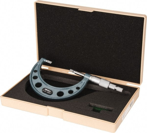 Mitutoyo - 2" to 3" Mechanical Hammertone Green Coated Blade Micrometer - 0.0002" Accuracy, 0.0001" Graduation, 0.75mm Blade Thickness, Ratchet Stop Thimble - Exact Tooling