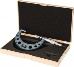 Mitutoyo - 2" to 3" Mechanical Hammertone Green Coated Blade Micrometer - 0.0002" Accuracy, 0.0001" Graduation, 0.75mm Blade Thickness, Ratchet Stop Thimble - Exact Tooling