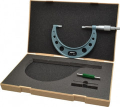 Mitutoyo - 3" to 4" Mechanical Hammertone Green Coated Blade Micrometer - 0.0002" Accuracy, 0.0001" Graduation, 0.75mm Blade Thickness, Ratchet Stop Thimble - Exact Tooling