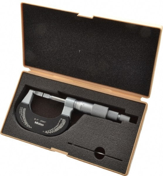 Mitutoyo - 0" to 1" Mechanical Baked Enamel Coated Blade Micrometer - 0.0002" Accuracy, 0.0001" Graduation, 0.4mm Blade Thickness, Ratchet Stop Thimble - Exact Tooling