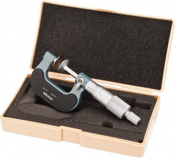 Mitutoyo - 0 to 1 Inch, 0.001 Inch Graduation, Ratchet Stop Thimble, Mechanical Disc Micrometer - 0.0002 Inch Accuracy, 20mm Disc, 6.35mm Spindle - Exact Tooling