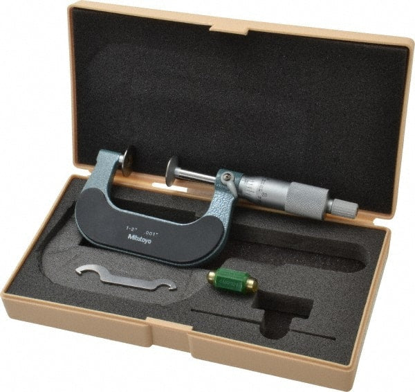 Mitutoyo - 1 to 2 Inch, 0.001 Inch Graduation, Ratchet Stop Thimble, Mechanical Disc Micrometer - 0.0002 Inch Accuracy, 20mm Disc, 6.35mm Spindle - Exact Tooling