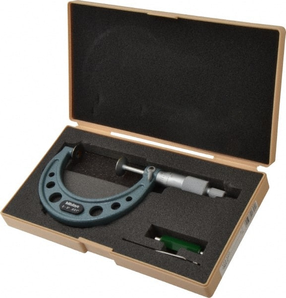 Mitutoyo - 2 to 3 Inch, 0.001 Inch Graduation, Ratchet Stop Thimble, Mechanical Disc Micrometer - 0.0003 Inch Accuracy, 20mm Disc, 6.35mm Spindle - Exact Tooling