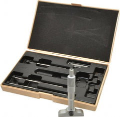 Mitutoyo - 0 to 100mm Range, 4 Rod, Satin Chrome Finish Mechanical Depth Micrometer - Ratchet Stop Thimble, 63.5mm Base Length, 0.01mm Graduation, 4mm Rod Diam - Exact Tooling