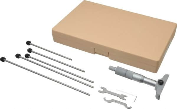 Mitutoyo - 0 to 150mm Range, 6 Rod, Satin Chrome Finish Mechanical Depth Micrometer - Ratchet Stop Thimble, 63.5mm Base Length, 0.01mm Graduation, 4mm Rod Diam - Exact Tooling