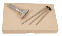 Mitutoyo - 0 to 150mm Range, 6 Rod, Satin Chrome Finish Mechanical Depth Micrometer - Ratchet Stop Thimble, 101.6mm Base Length, 0.01mm Graduation, 4mm Rod Diam - Exact Tooling