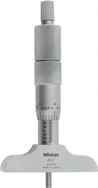 Mitutoyo - 0 to 4" Range, 4 Rod, Satin Chrome Finish Mechanical Depth Micrometer - Ratchet Stop Thimble, 2-1/2" Base Length, 0.01mm Graduation, 4mm Rod Diam - Exact Tooling