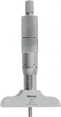 Mitutoyo - 0 to 4" Range, 4 Rod, Satin Chrome Finish Mechanical Depth Micrometer - Ratchet Stop Thimble, 2-1/2" Base Length, 0.01mm Graduation, 4mm Rod Diam - Exact Tooling
