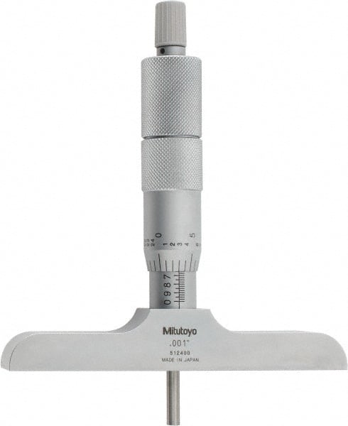 Mitutoyo - 0 to 4" Range, 4 Rod, Satin Chrome Finish Mechanical Depth Micrometer - Ratchet Stop Thimble, 4" Base Length, 0.01mm Graduation, 4mm Rod Diam - Exact Tooling