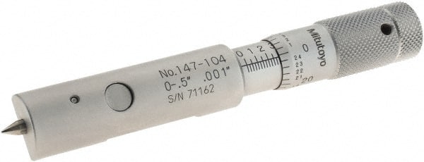 Mitutoyo - 0 to 0.5 Inch Measurement Range, 0.001 Inch Graduation, Accuracy up to 0.0001 Inch, Steel, Mechanical Can Seam Micrometer - 15mm Head Diameter, 5mm Throat Depth, Flat Spindle, Includes Carton Case - Exact Tooling