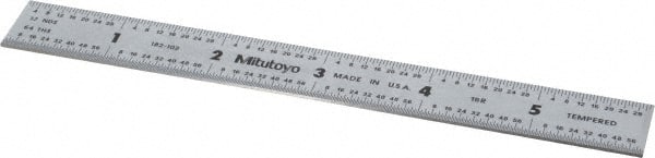 Mitutoyo - 6" Long, 1/100, 1/64, 1/50, 1/32" Graduation, Rigid Stainless Steel Rule - 16R Graduation Style, 3/4" Wide, Silver, Satin Chrome Finish - Exact Tooling