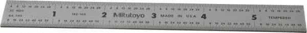 Mitutoyo - 6" Long, 1/64, 1/32" and 0.5, 1mm Graduation, Rigid Stainless Steel Rule - English/Metric Graduation Style, 3/4" Wide, Silver, Satin Chrome Finish - Exact Tooling