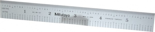 Mitutoyo - 6" Long, 1/100, 1/10" and 0.5, 1mm Graduation, Rigid Stainless Steel Rule - Decimal/Metric Graduation Style, 3/4" Wide, Silver, Satin Chrome Finish - Exact Tooling