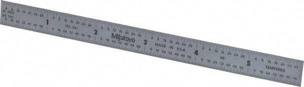Mitutoyo - 6" Long, 1/64, 1/32, 1/16, 1/8" Graduation, Flexible Stainless Steel Rule - 4R Graduation Style, 1/2" Wide, Silver, Satin Chrome Finish - Exact Tooling