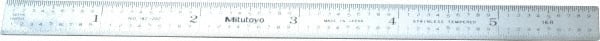 Mitutoyo - 6" Long, 1/100, 1/64, 1/50, 1/32" Graduation, Flexible Stainless Steel Rule - 16R Graduation Style, 1/2" Wide, Silver, Satin Chrome Finish - Exact Tooling