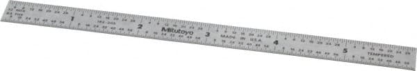 Mitutoyo - 6" Long, 1/64, 1/32" and 0.5, 1mm Graduation, Flexible Stainless Steel Rule - English/Metric Graduation Style, 1/2" Wide, Silver, Satin Chrome Finish - Exact Tooling