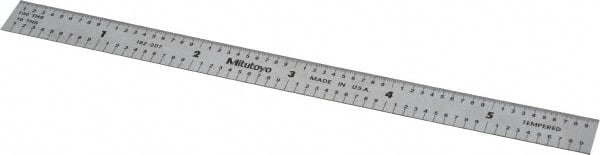 Mitutoyo - 6" Long, 1/100, 1/10" and 0.5, 1mm Graduation, Flexible Stainless Steel Rule - Decimal/Metric Graduation Style, 1/2" Wide, Silver, Satin Chrome Finish - Exact Tooling