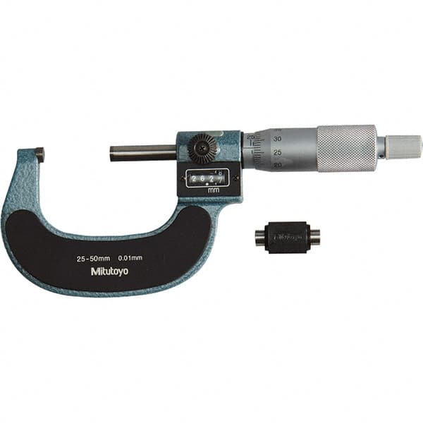 Mitutoyo - Standard Throat Electronic Outside Micrometer - Ratchet Stop Thimble, Carbide-Tipped Face - Exact Tooling