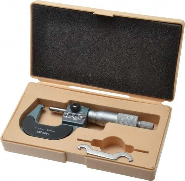 Mitutoyo - 25mm Max Measurement, 0.01mm Graduation, Spherical Face Micrometer - Accuracy Up to 3 micro m, Baked Enamel Coated, Steel Measuring Face Material, Mechanical Operation, Ratchet Stop Thimble, Ball - Exact Tooling