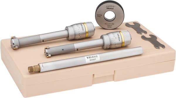 Mitutoyo - 7 Piece, 1/2 to 0.8", Carbide, TiN Coated, Hole Mechanical Inside Micrometer Set - 0.0002" Graduation, Ratchet Stop Thimble, Includes Extension, Fitted Plastic Case & (1) Setting Ring - Exact Tooling