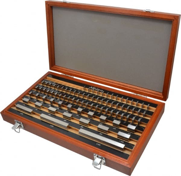 Mitutoyo - 81 Piece, 0.05 to 4", Grade AS-1, Steel Gage Block Set - Rectangular, 12µ (0.45-1"), 16µ (2"), 20µ (3"), 24µ (4"), 8µ (0.05-0.4") Tolerance - Exact Tooling