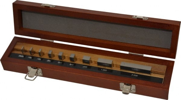 Mitutoyo - 9 Piece, 1/16 to 2", Grade AS-1, Steel Gage Block Set - Rectangular, 12µ (0.5-1"), 16µ (2"), 8µ (0.0625-0.4") Tolerance - Exact Tooling