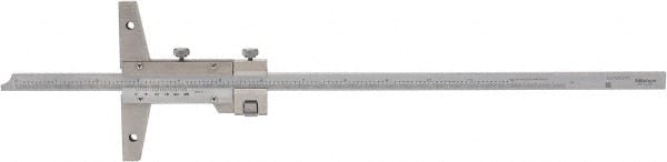 Mitutoyo - 0 to 12 Inch Measurement Range, 410mm Rule Length, 4 Inch Base Length, Vernier Depth Gage - 0.001 Inch Graduation, Accurate to 0.0015 Inch, Stainless Steel, Satin Chrome Coated - Exact Tooling