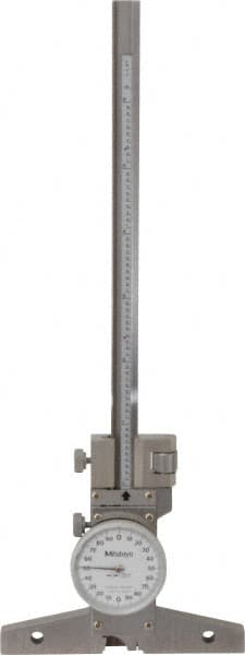 Mitutoyo - 0 to 6 Inch Range, Stainless Steel, White Dial Depth Gage - 0.001 Inch Graduation, 0.001 Inch Accuracy, 4 Inch Base Measuring Length - Exact Tooling