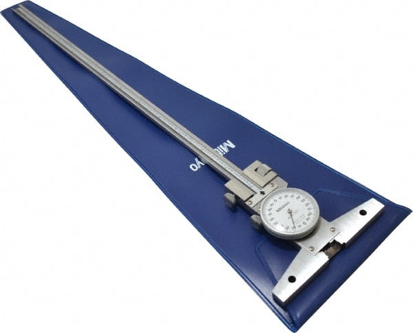 Mitutoyo - 0 to 12 Inch Range, Stainless Steel, White Dial Depth Gage - 0.0015 Inch Graduation, 0.0015 Inch Accuracy, 4 Inch Base Measuring Length - Exact Tooling
