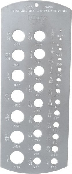 Mitutoyo - 1/16 Inch to 1/2 Inch Hole Size Drill Gage - 6-3/8 Inch Long, 2-1/2 Inch Wide, 29 Holes - Exact Tooling