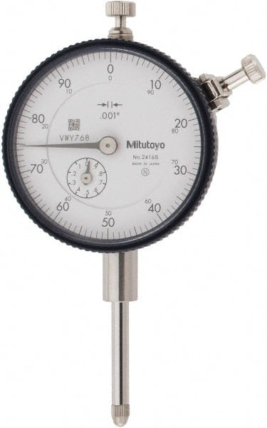 Mitutoyo - 1" Range, 0-100 Dial Reading, 0.001" Graduation Dial Drop Indicator - 2-3/16" Dial, 0.1" Range per Revolution, 0.002" Accuracy, Revolution Counter - Exact Tooling
