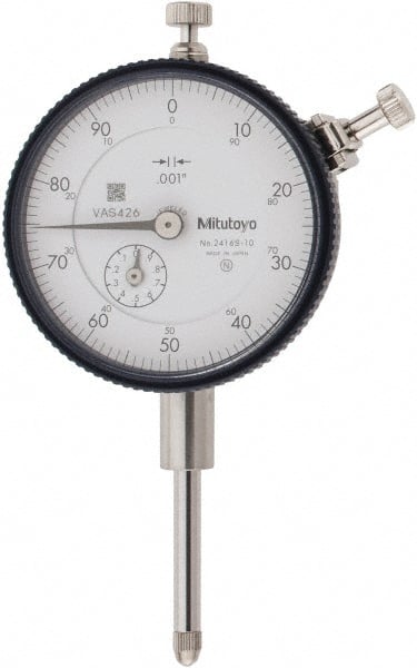Mitutoyo - 1" Range, 0-100 Dial Reading, 0.001" Graduation Dial Drop Indicator - 2-3/16" Dial, 0.1" Range per Revolution, 0.002" Accuracy, Revolution Counter - Exact Tooling