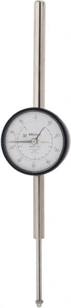 Mitutoyo - 2" Range, 0-100 Dial Reading, 0.001" Graduation Dial Drop Indicator - 2-3/16" Dial, 1" Range per Revolution, 0.003" Accuracy, Revolution Counter - Exact Tooling