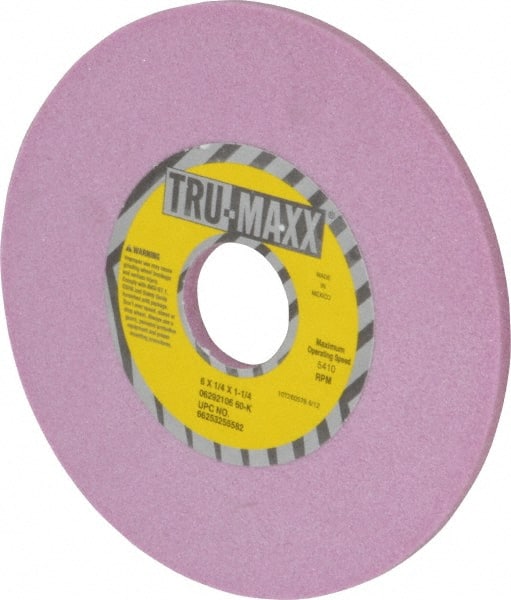 Tru-Maxx - 6" Diam x 1-1/4" Hole x 1/4" Thick, K Hardness, 60 Grit Surface Grinding Wheel - Aluminum Oxide, Type 1, Medium Grade, 5,410 Max RPM, Vitrified Bond, No Recess - Exact Tooling