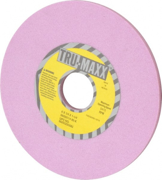 Tru-Maxx - 6" Diam x 1-1/4" Hole x 1/4" Thick, K Hardness, 80 Grit Surface Grinding Wheel - Aluminum Oxide, Type 1, Medium Grade, 5,410 Max RPM, Vitrified Bond, No Recess - Exact Tooling